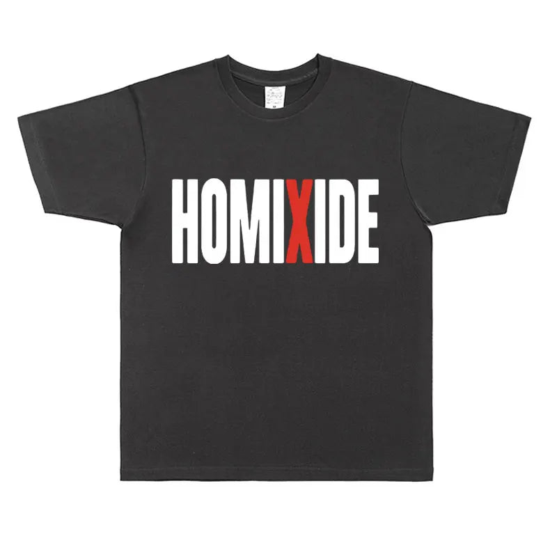 Black cotton short-sleeved rapper homixide gang t-shirt with bold white and red homixide lettering opium merch tshirt