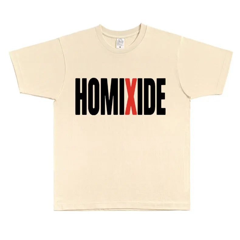 Cream-colored cotton rapper homixide gang t-shirt with bold black and red homixide lettering opium merch tshirt design