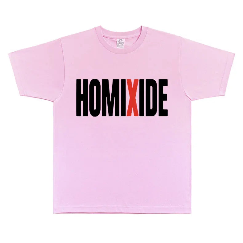 A soft pink cotton rapper homixide gang t-shirt with bold black homixide lettering and a red x, opium merch tshirt