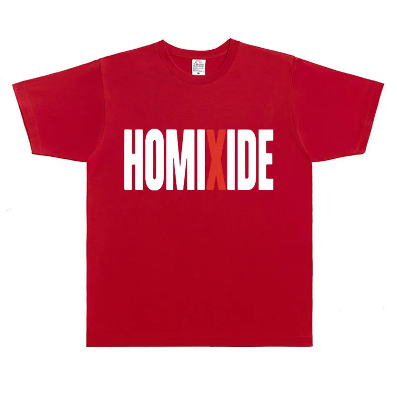 Red short-sleeved cotton rapper homixide gang t-shirt with bold white and orange lettering opium merch tshirt for men and women
