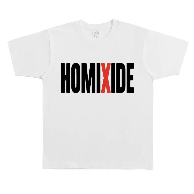 White cotton rapper homixide gang t-shirt with bold black and red homixide lettering playboi carti opium merch tshirt