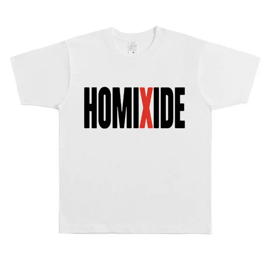 White cotton rapper homixide gang t-shirt with bold black and red homixide lettering playboi carti opium merch tshirt