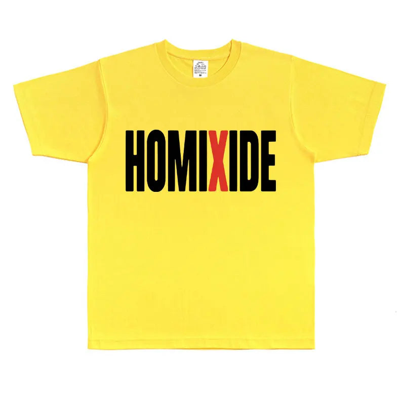 Bright yellow cotton rapper homixide gang graphic t-shirt with bold black letters and red x opium merch tshirt design