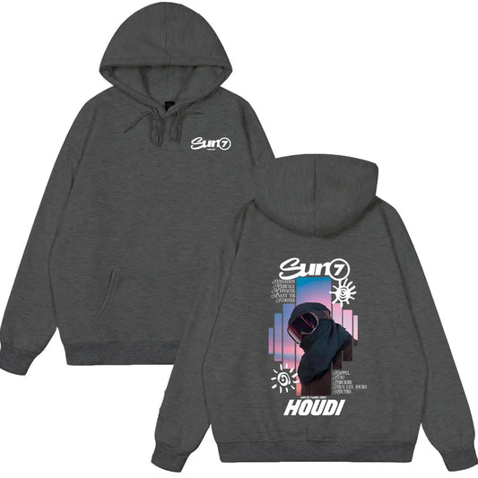 Dark gray rapper houni sun7 graphic hoodie for men and women with vibrant retro snowboarder design and pastel sunset hues