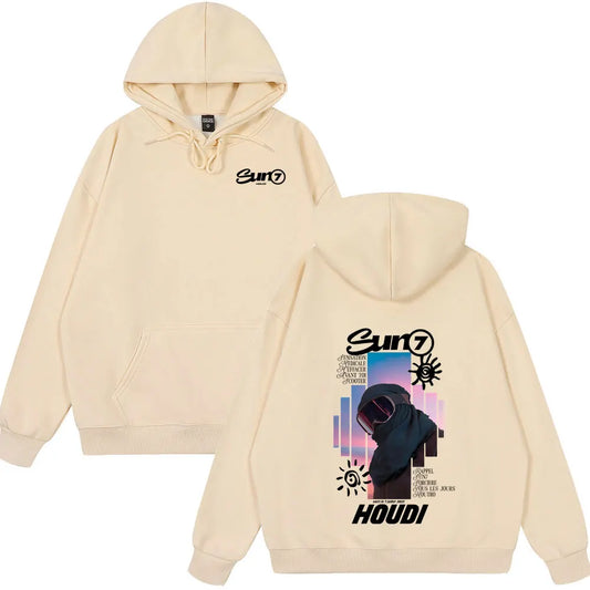 Cream-colored rapper houdi sun7 graphic hoodie with black logo on chest and vibrant snowboarder print on back side