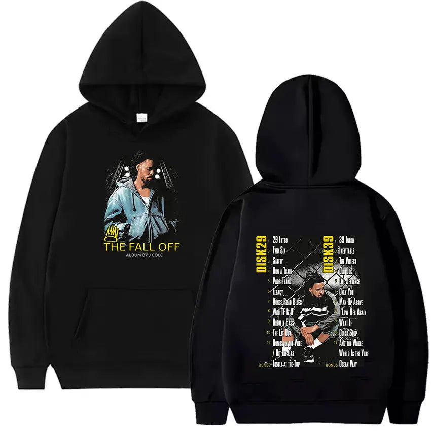 Black hoodie featuring a graphic print of j cole from the fall off tour 2026 vintage gothic sweatshirt hip hop oversized streetwear
