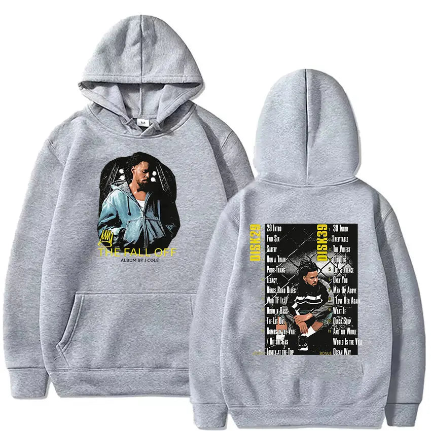Gray hoodie featuring j cole graphic print from the fall off album front and back hip hop oversized hoodies streetwear vintage gothic sweatshirt