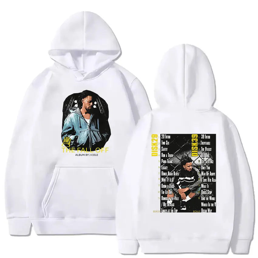 White hoodie featuring j cole graphic from the fall off album with tracklist back design vintage gothic sweatshirt hip hop oversized