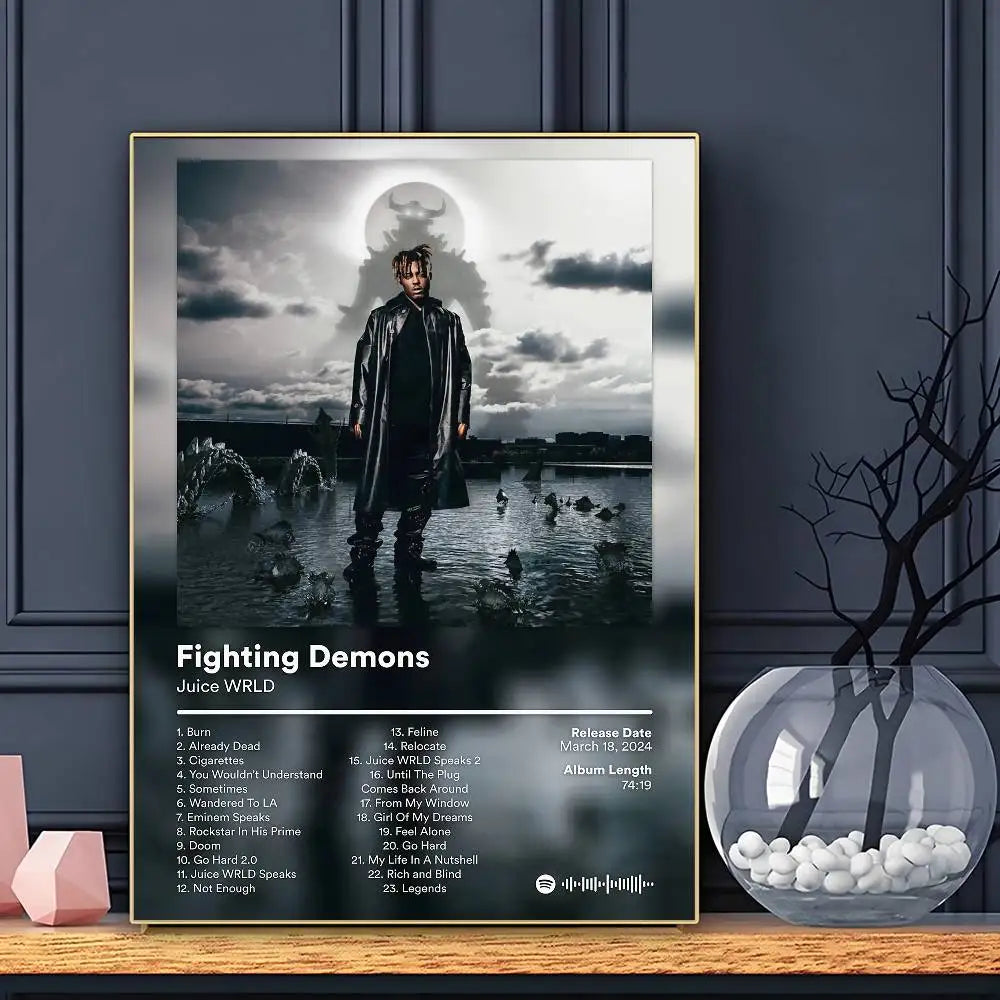 Black framed juice wrld fighting demons album poster with monochrome image and tracklist for home and bar decor