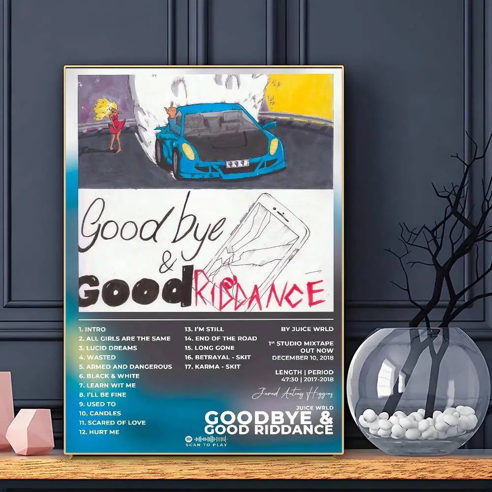 Blue and white framed rapper j juice wrld poster featuring a blue car illustration with yellow headlights and tracklist details