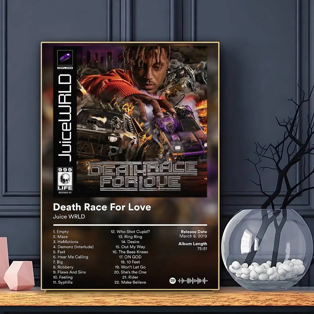 Rapper j-juice wrld poster featuring dark fiery design with metallic silver lettering for home bar decoration