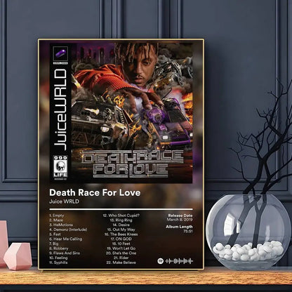 Rapper j-juice wrld poster featuring dark fiery design with metallic silver lettering for home bar decoration