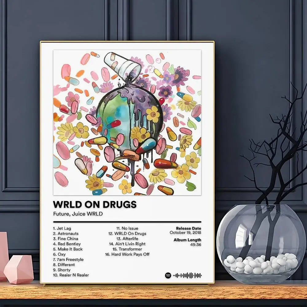 A framed colorful watercolor poster of a perfume bottle overflowing with pills and flowers rap artist juice wrld rap decor