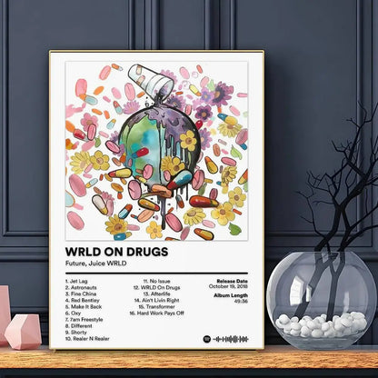 A framed colorful watercolor poster of a perfume bottle overflowing with pills and flowers rap artist juice wrld rap decor