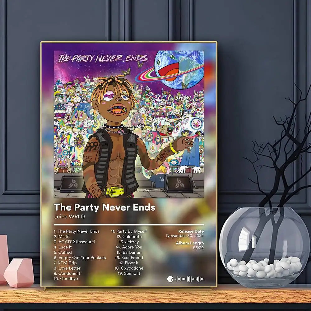 A vibrant framed juice wrld rap poster with cartoon illustration under a colorful planet-themed sky for home decor
