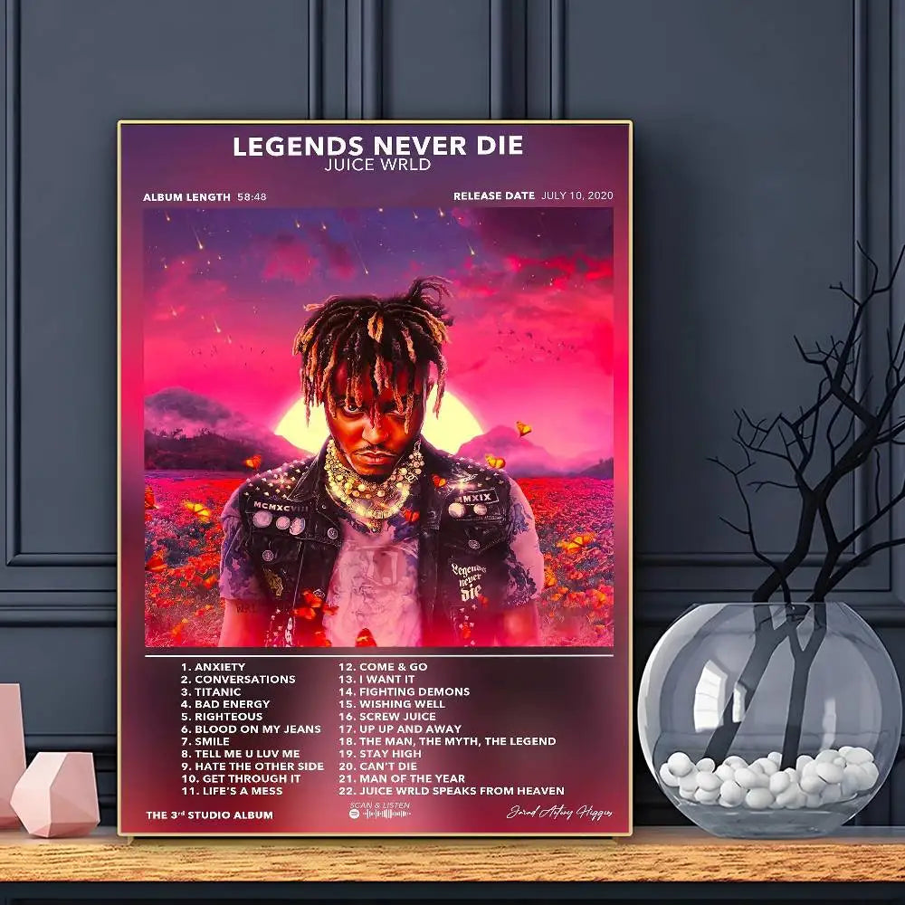 Vibrant pink and purple rapper j-juice wrld poster hd art sticky wall waterproof for home living room bar decoration with album details