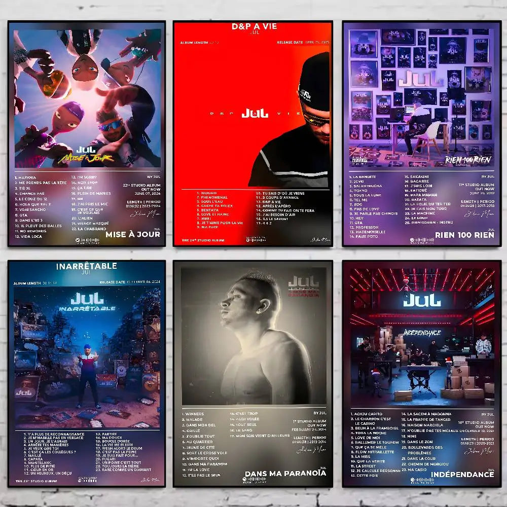 Six vibrant self adhesive wall decals featuring french dj jul with album art and tour schedules for living room decor