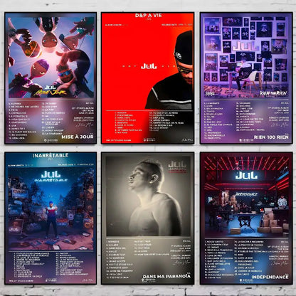 Six vibrant self adhesive wall decals featuring french dj jul with album art and tour schedules for living room decor