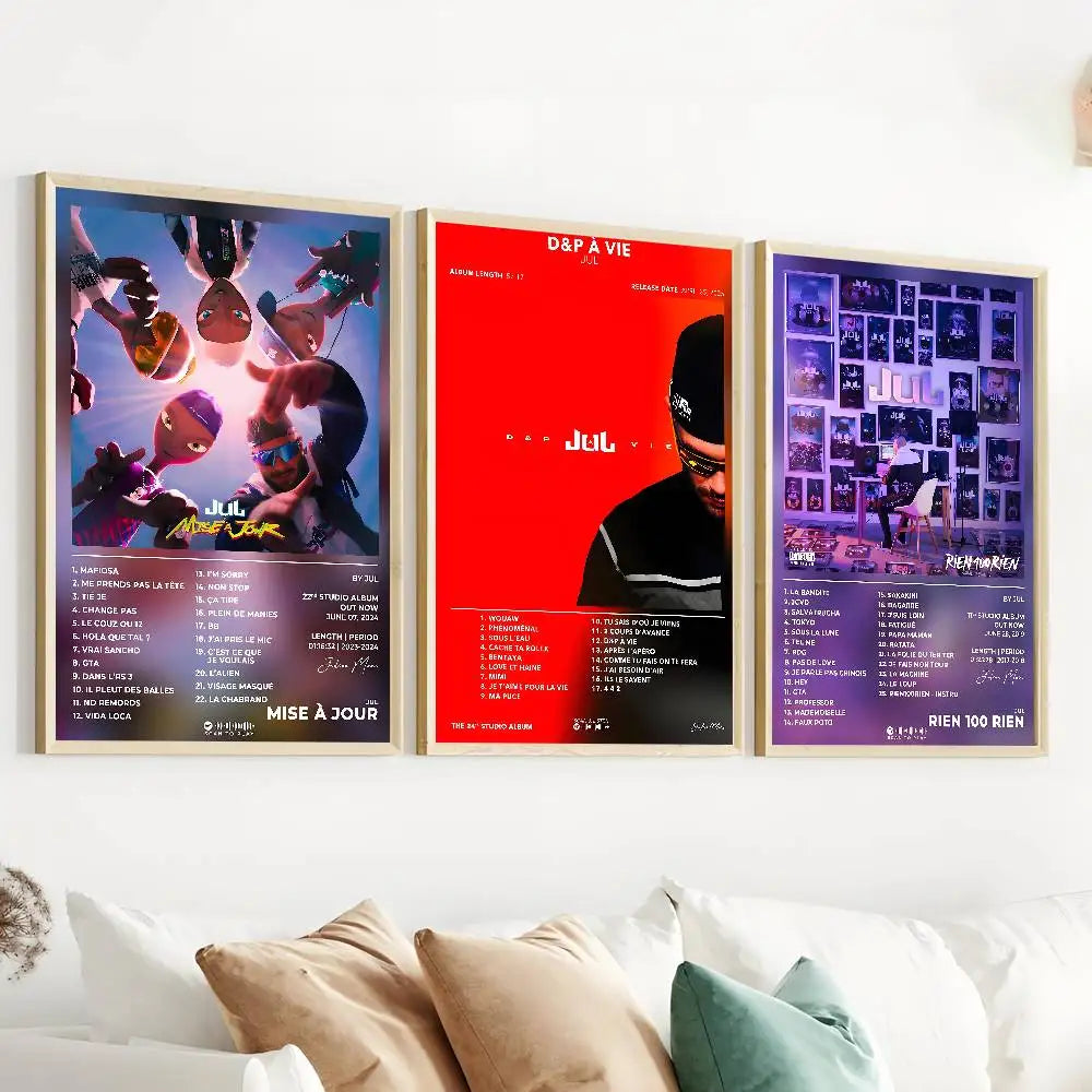 Three framed j-Julian album poster gallery prints with vibrant color schemes for living room wall decoration decals