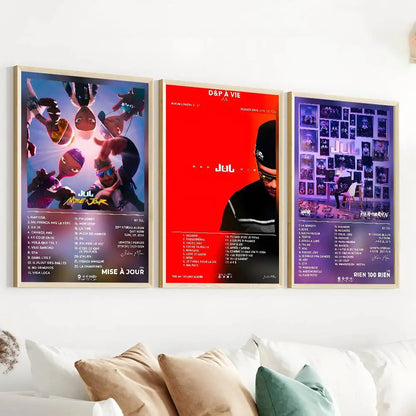 Three framed j-Julian album poster gallery prints with vibrant color schemes for living room wall decoration decals