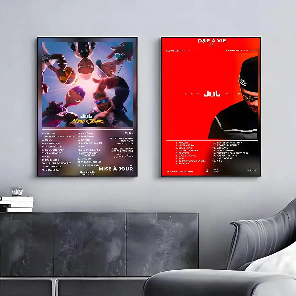 Two framed rapper jul posters with vibrant cartoon and bold red album track text for home wall decor sticker