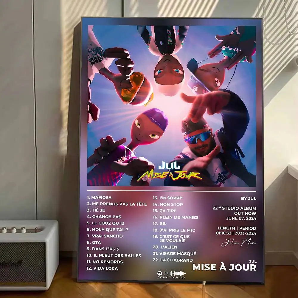 A vibrant framed poster of rapper jul’s 2024 album mise à jour with colorful cartoon characters and white tracklist text