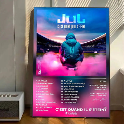 A vibrant blue and pink self adhesive wall decal poster of rapper jul featuring a hooded figure and album tracklist
