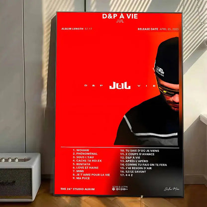 Red and black self adhesive rap poster featuring rapper jul in sunglasses and beanie for home decor wall decal