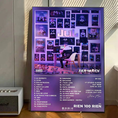 Purple album poster for jul’s rien 100 rien featuring a man at a desk, self adhesive wall decal for living room decor
