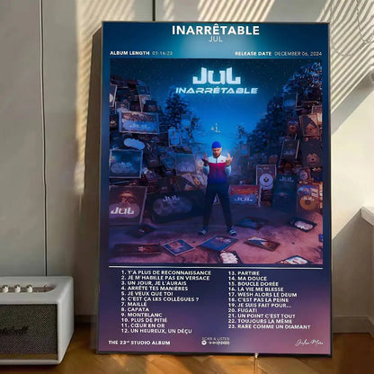 Blue and white album art poster for jul inarratable with central figure and vinyl records for home wall decor sticker