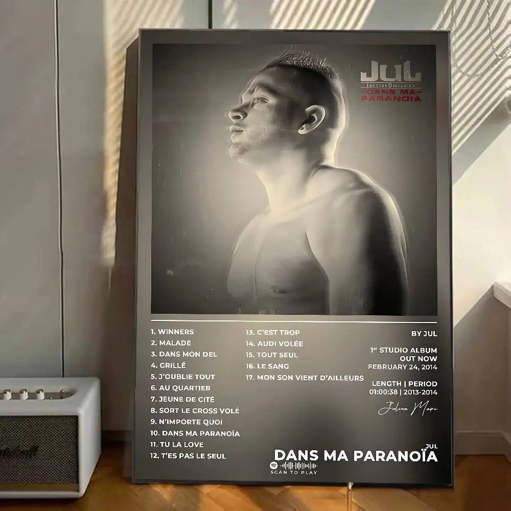 Black and white framed poster featuring julien macdonald 2014 album dans ma paranoia tracklist for wall decor