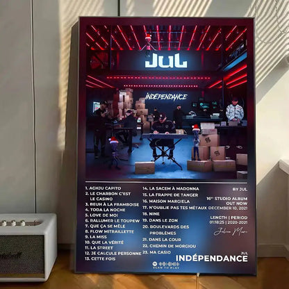 A framed rapper j-Jul d&p a vie poster featuring neon stage art and white text tracklist on dark background wall decal