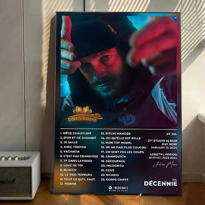 A framed poster of rapper jull with red and blue lighting featuring décennie album tracklist for home wall decor sticker