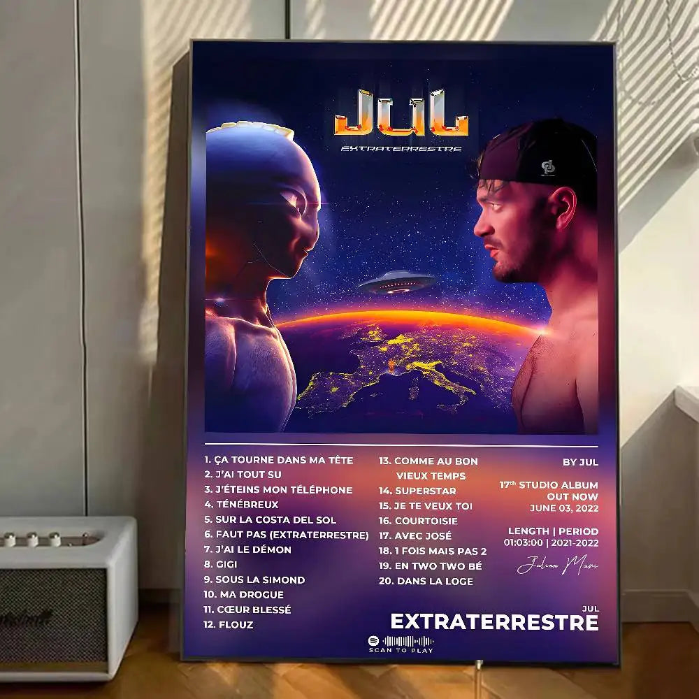 A framed rap poster featuring jul extraterrestre album cosmic design with two figures on starry background wall decal