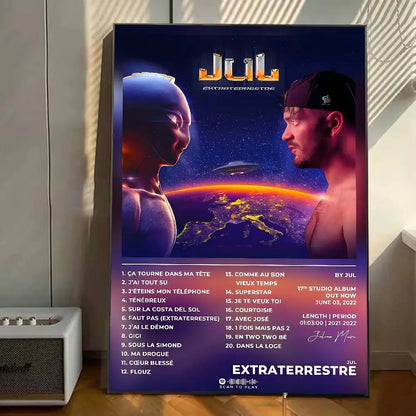 A framed rap poster featuring jul extraterrestre album cosmic design with two figures on starry background wall decal