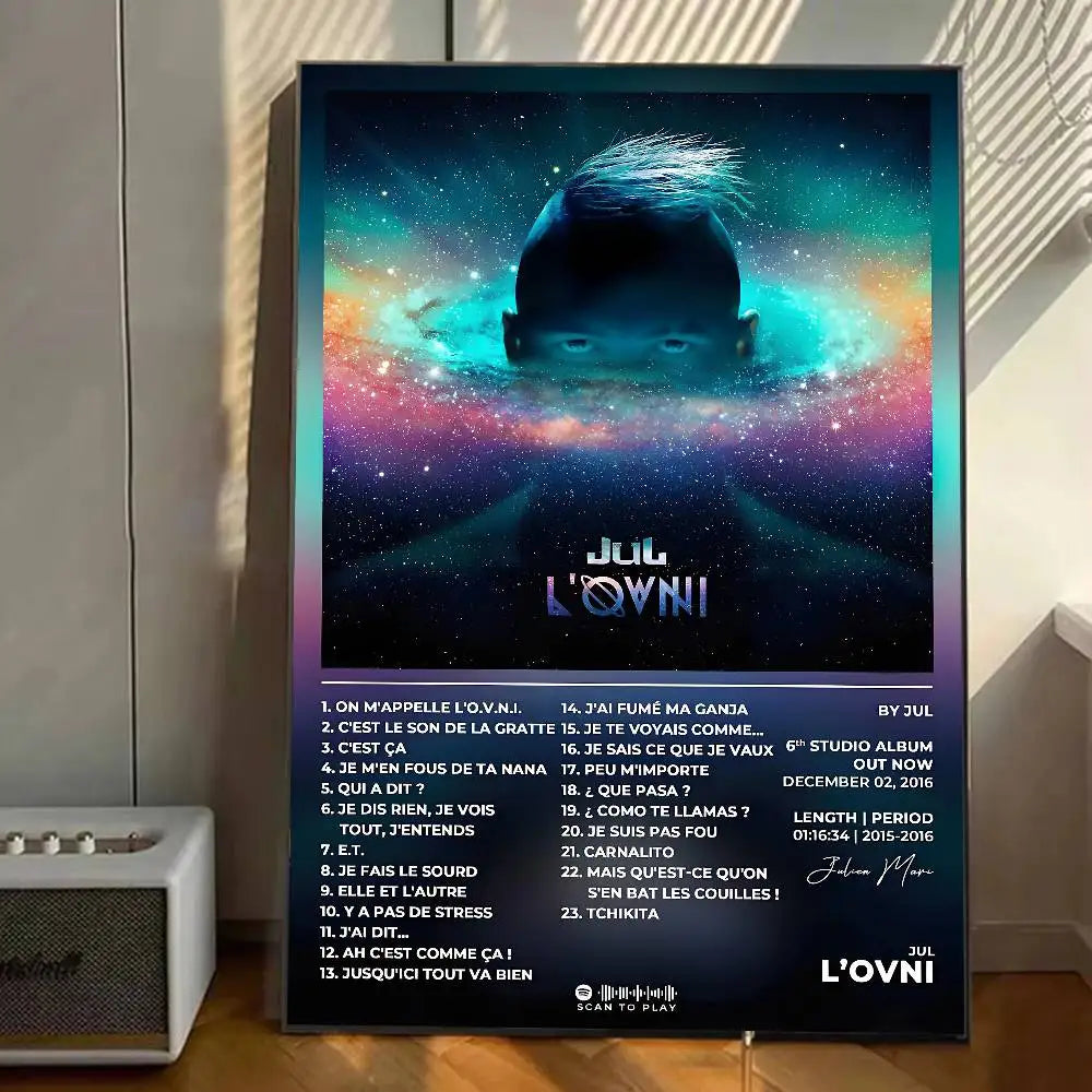 A framed rapper j jul d&p lovni poster with cosmic design and child silhouette for home wall decor sticker