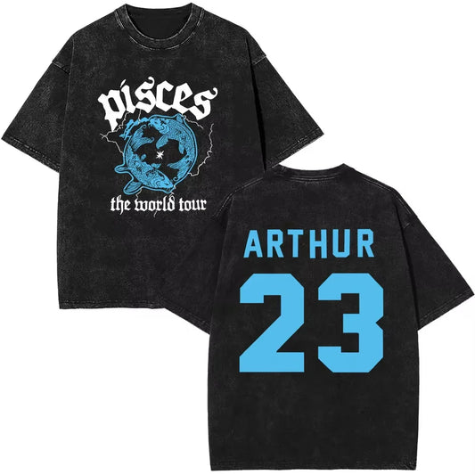 Black distressed rapper james arthur pisces world tour 2026 oversized vintage washed t-shirt with blue white graphics and arthur 23 on back