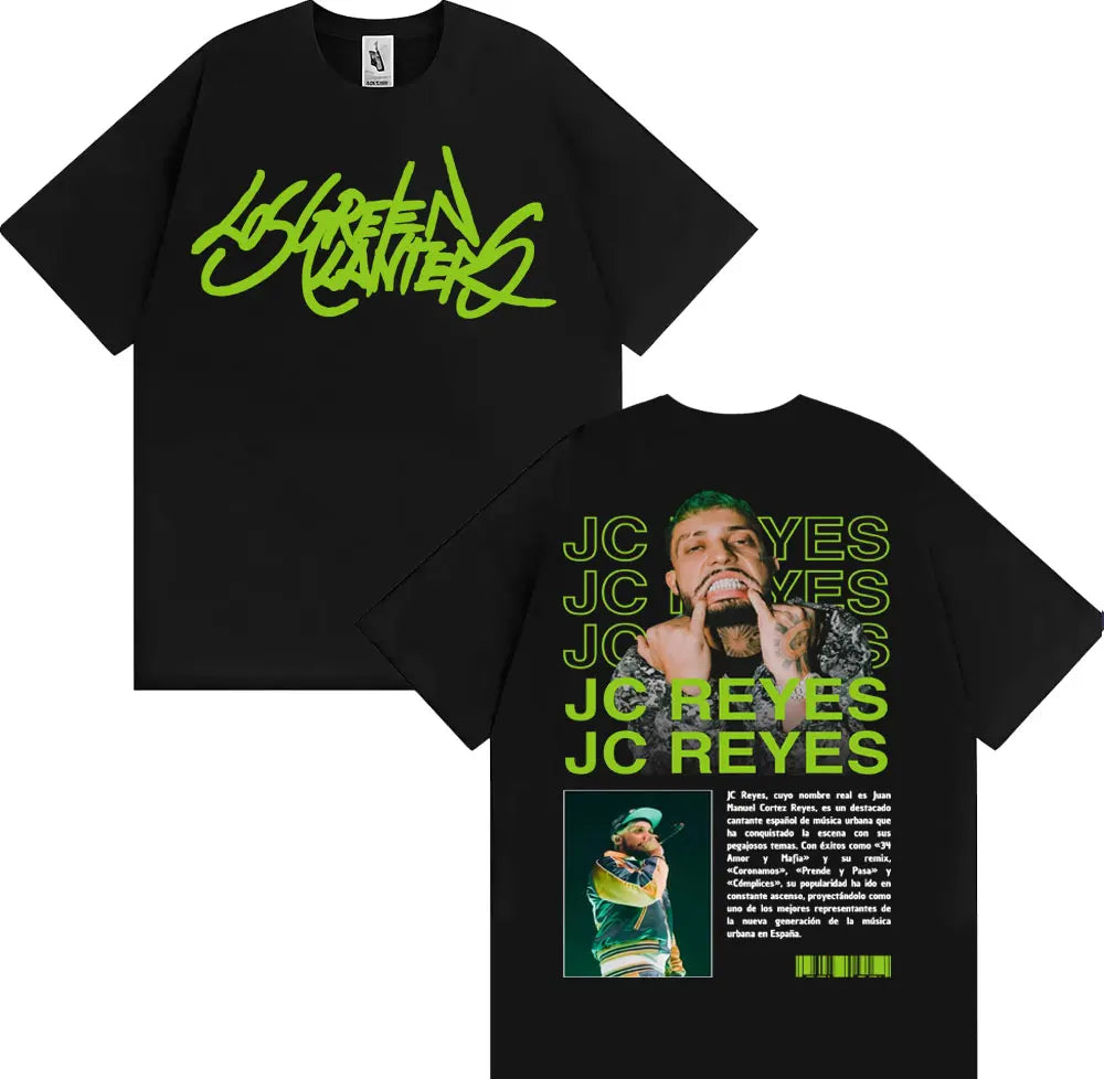 Black cotton oversized t-shirt with neon green los green text front and rapper jc reyes graphic back for hip hop retro reyes album tour