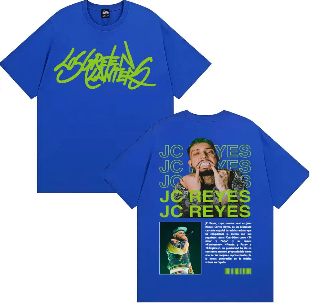 Blue cotton oversized t-shirt with neon green jg green logo front and rapper jc reyes image back for hip hop retro fans