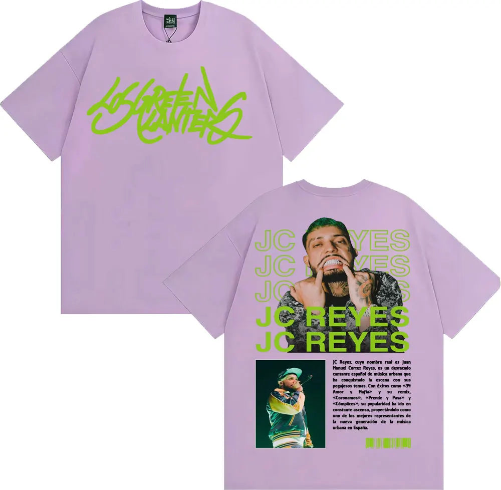 Lavender cotton oversized graphic tee with neon green graffiti text and portrait of rapper jc reyes for reyes album tour