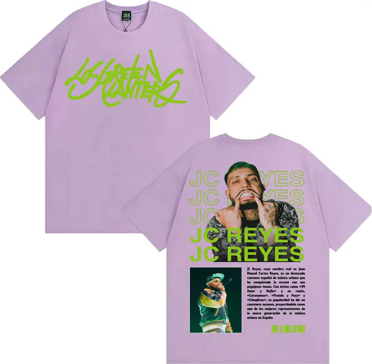 Lavender cotton oversized graphic tee with neon green graffiti text and portrait of rapper jc reyes for reyes album tour