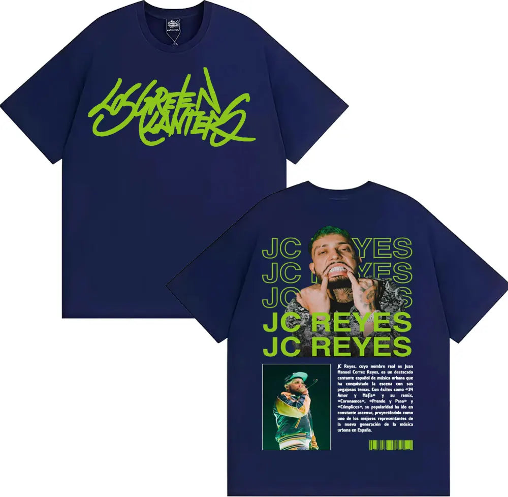Navy blue cotton t-shirt with neon green graffiti los green canteers logo and rapper jc reyes album tour back print