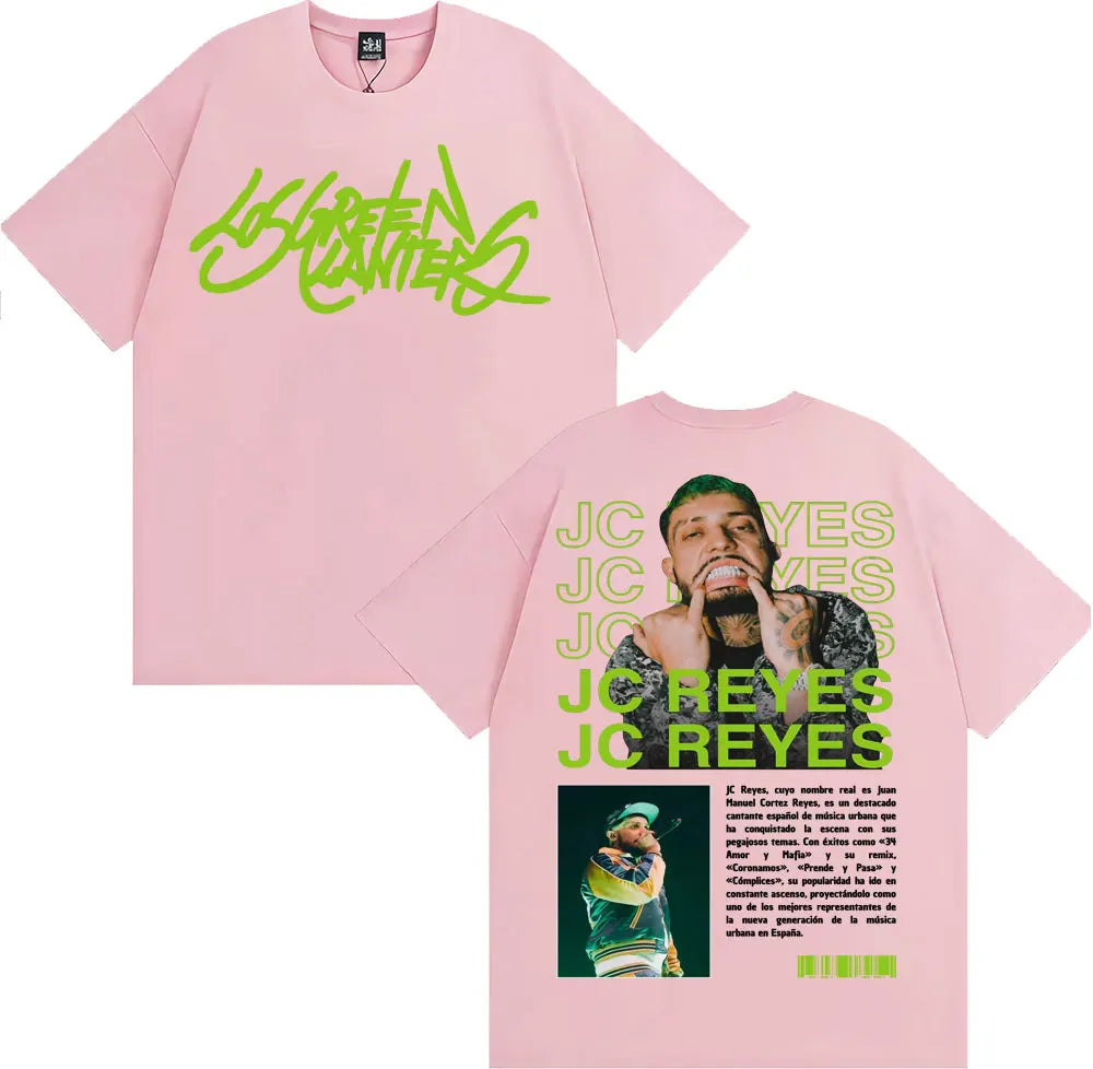 Pink short-sleeved cotton t-shirt with neon green los green logo and jc reyes graphic on back for reyes album tour hip hop retro style
