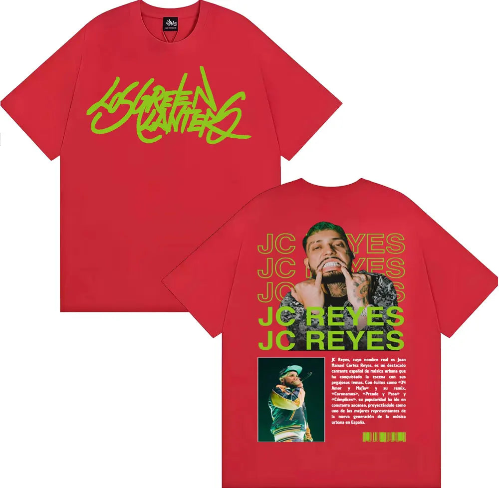 Red cotton t-shirt with lime green los green canteers logo front and rapper jc reyes graphic back for reyes album tour hip hop retro style