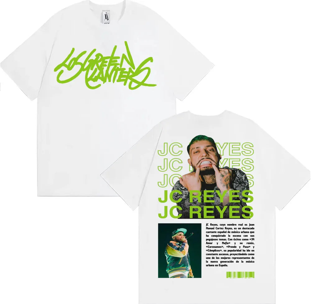 White cotton oversized t shirt with lime green graffiti los green lanterns logo and rapper jc reyes graphic for hip hop retro reyes album tour