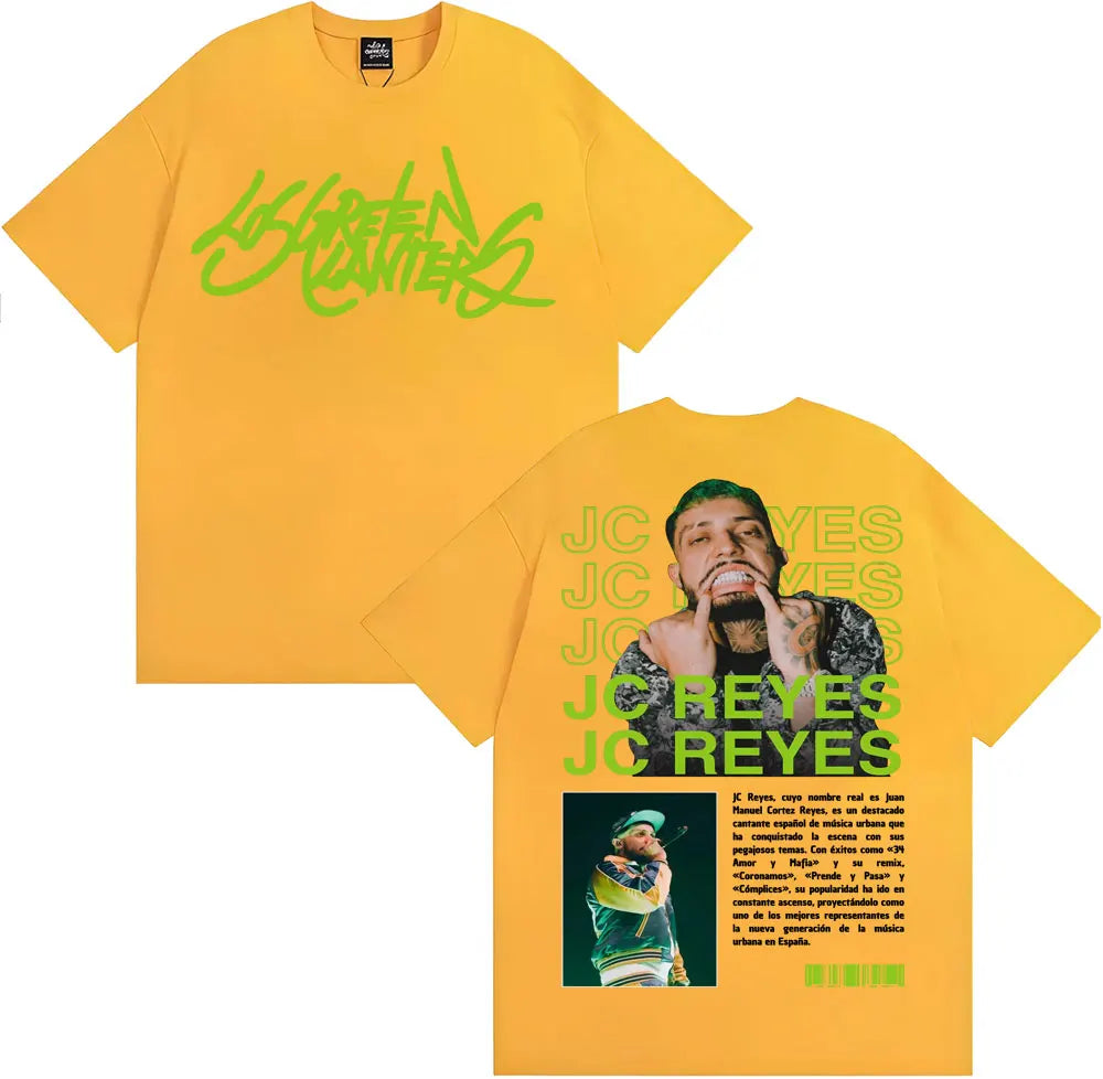 Bright yellow cotton oversized t shirt with green graffiti signature front and jc reyes graphic back for rapper jc reyes tour