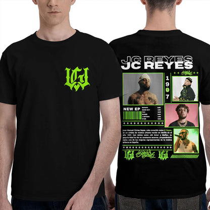Black cotton hip hop t shirt with neon green jc reyes graphic and multiple artist photos on the back for men and women