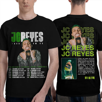 Black hip hop t-shirt featuring jc reyes graphic print with green and white text and tour dates for men and women