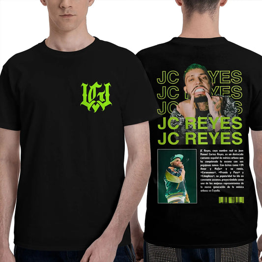 Black short-sleeved t-shirt with neon green jc reyes hip hop graphic and artist image on the back for summer wear
