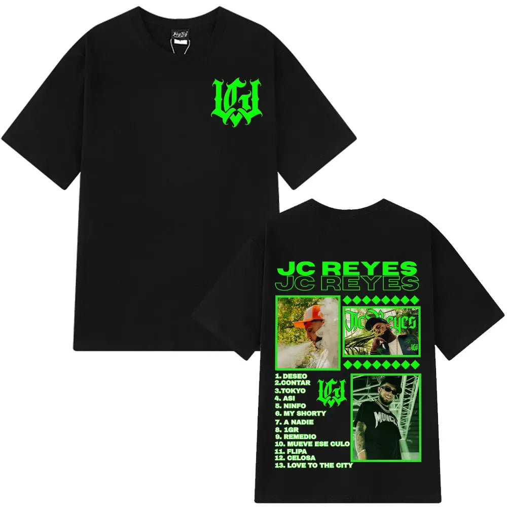 Black cotton oversized graphic t shirt with neon green rapper jc reyes album tracklist photos on back hip hop harajuku style